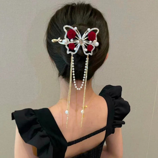 Ruby Pearl Winged Tassel Hairpin