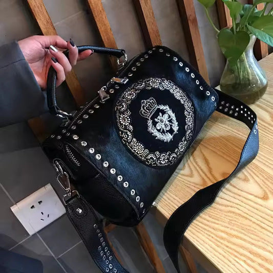 Crown Motif Vintage-Style Leather Bag