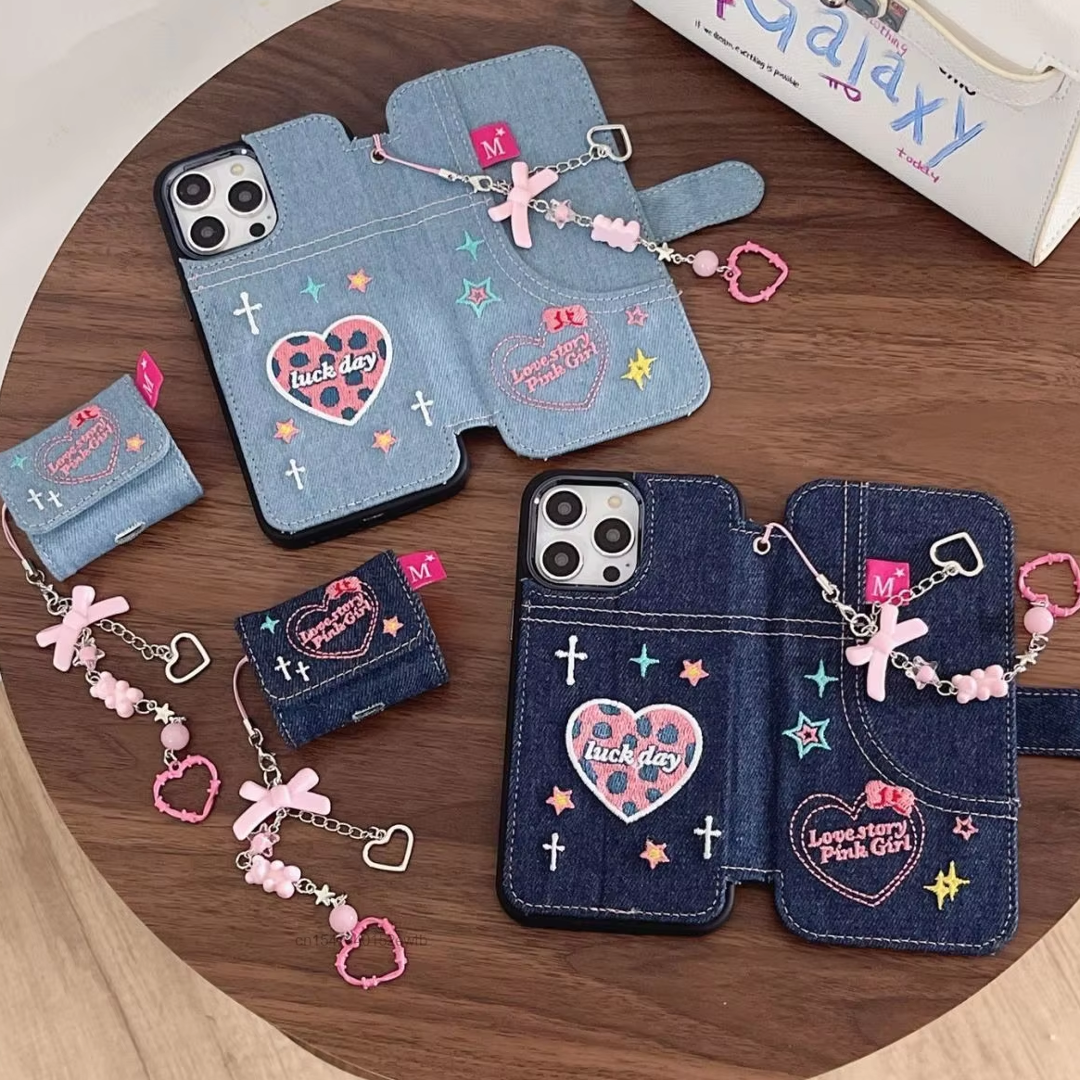 Denim Embroidery Heart Case with Charm