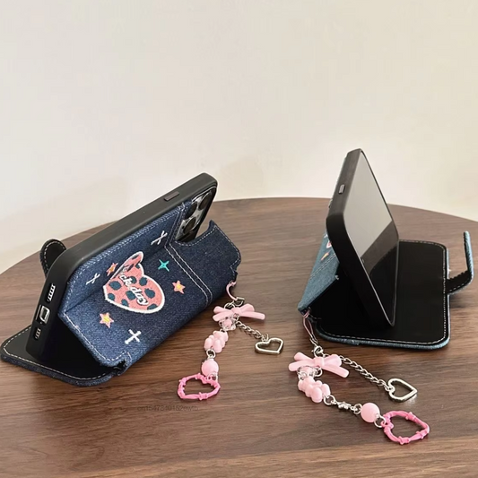 Denim Embroidery Heart Case with Charm