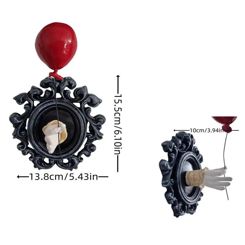 0709BA Clown Figurines Resin Wall Art Dark Clown Hand with a Balloon Clown Frame Hand Halloween Decoration for Home Table Desk Top