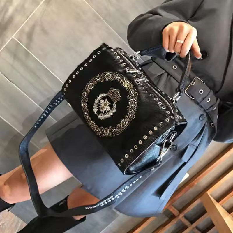 Crown Motif Vintage-Style Leather Bag