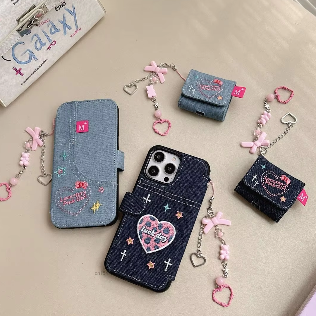 Denim Embroidery Heart Case with Charm