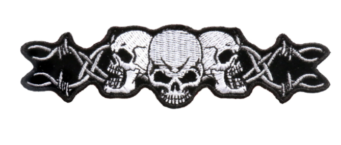Wholesale TRIPLE SKULL HEAD SKULL HEADS BARBED WIRE EMBROIDERED PATCH (sold by the piece )
