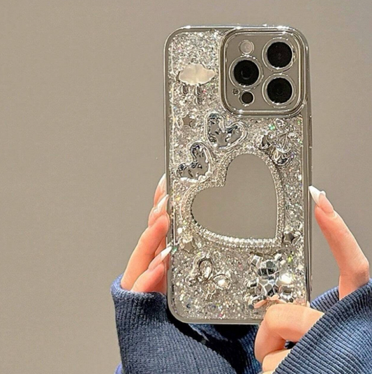 Silver Heart Mirror Rhinestone Case