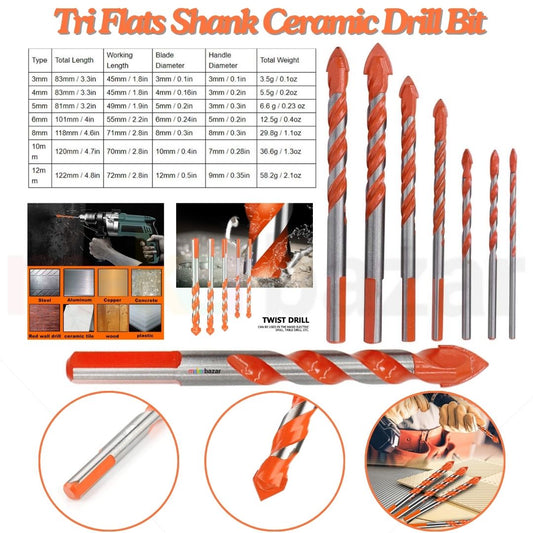 Glass & Tile Arrow-Head Tri-Flat-Handle Tungsten Carbide Drill Bit