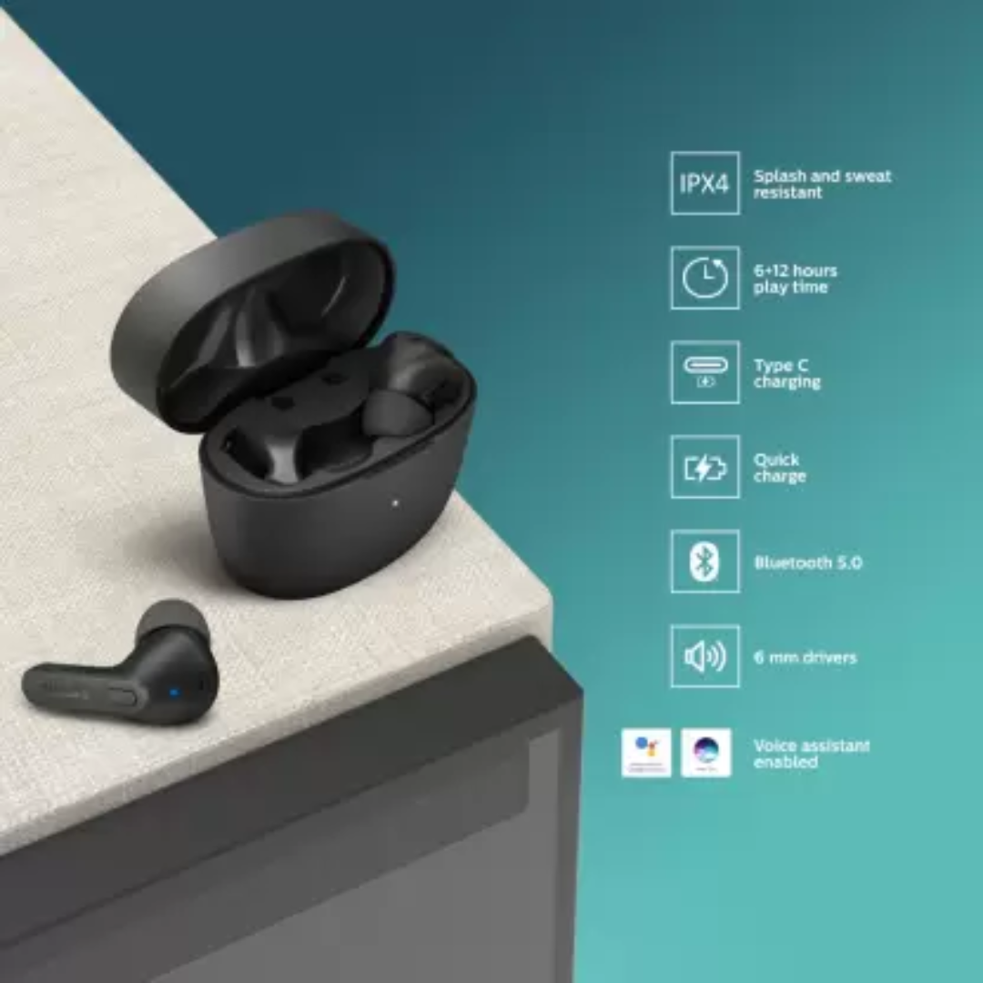 PHILIPS (True Wireless Earbuds Bluetooth Headset with IPX4 splash-proof Black, True Wireless)