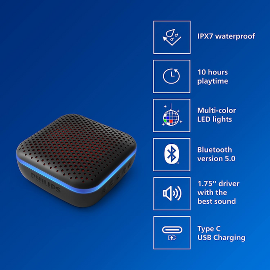 PHILIPS (Audio Bluetooth Speaker, 6W with LED Lights, IPX7 Waterproof)