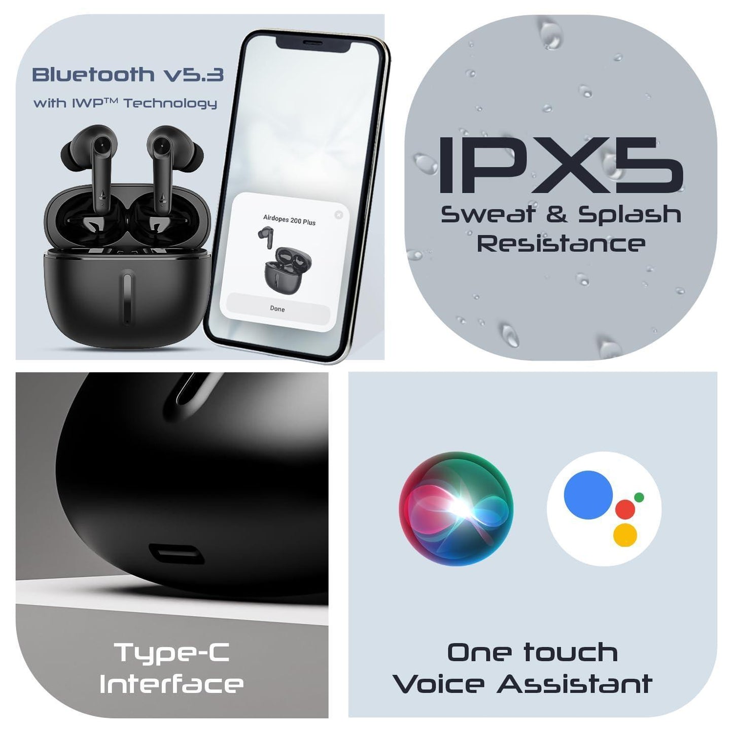 boAt Airdopes 200 Plus in Ear TWS Earbuds, 100 Hours Playback, Quad Mics ENx Technology, 13mm Drivers, Beast Mode(50ms Low Latency), ASAP Charge(5 Min=60 Min), IWP Tech, BT v5.3 & IPX5(Carbon Black)