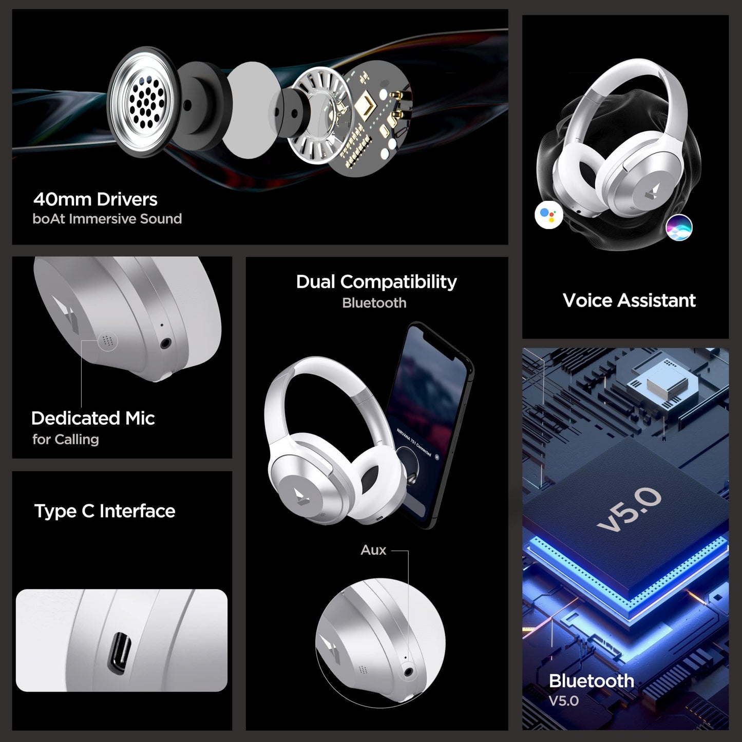 boAt Nirvana 751 ANC Hybrid Active Noise Cancelling Bluetooth Wireless Over Ear Headphones with Up to 65H Playtime, ASAP Charge, Ambient Sound Mode, Immersive Sound, Carry Pouch(Silver Sterling)