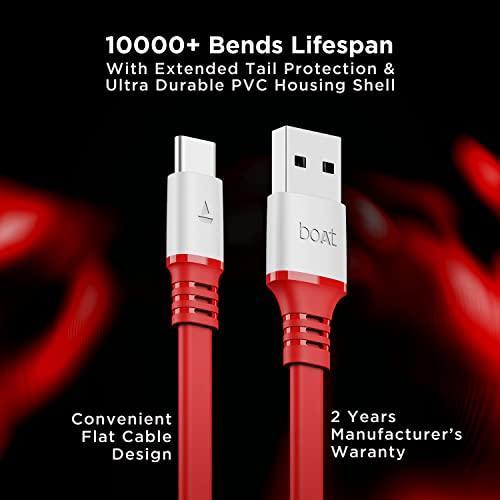 boAt Type C A750 6.5A Super Fast Charging Flat Cable Cable with Stress Resistant, Tangle-free, & 480Mbps Data Transmission, 10000+ Bends Lifespan and Extended 1.5m Length (radiant Red)