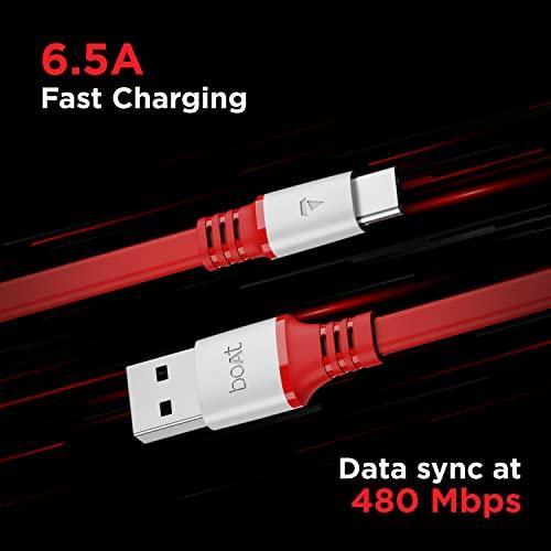 boAt Type C A750 6.5A Super Fast Charging Flat Cable Cable with Stress Resistant, Tangle-free, & 480Mbps Data Transmission, 10000+ Bends Lifespan and Extended 1.5m Length (radiant Red)