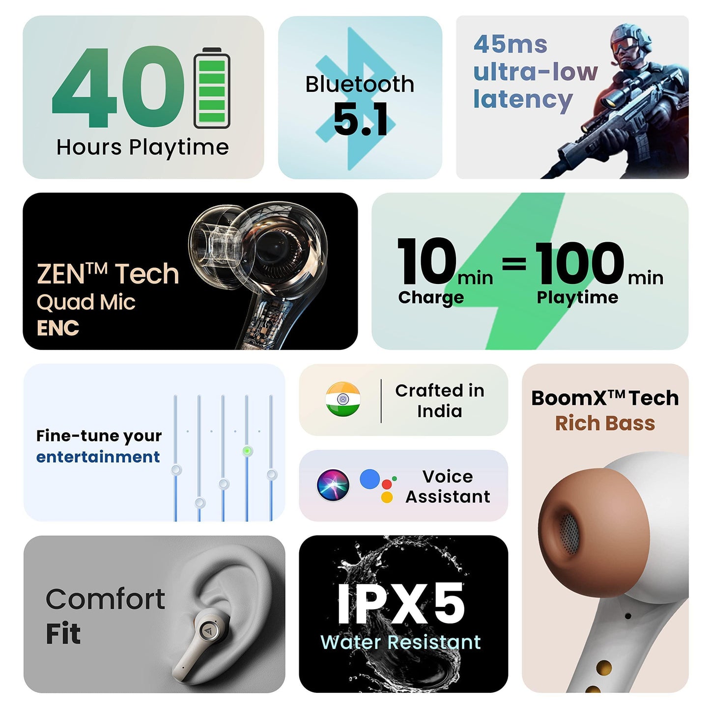 Boult Audio X30 True Wireless in Ear Earbuds with 40H Playtime, Quad Mic ENC, 45ms Xtreme Low Latency, Made in India, Type-C Fast Charging, 3 Equalizer Modes (Rock, BoomX, Hi-Fi), BT 5.1 (Warm Grey)