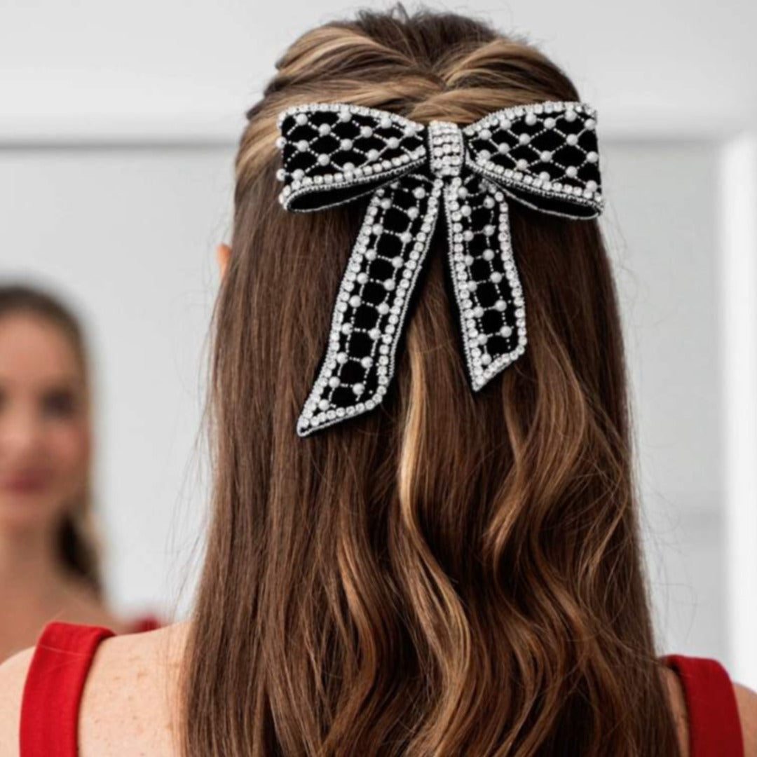 Glamorous Black Velvet Hair Bow with Accents