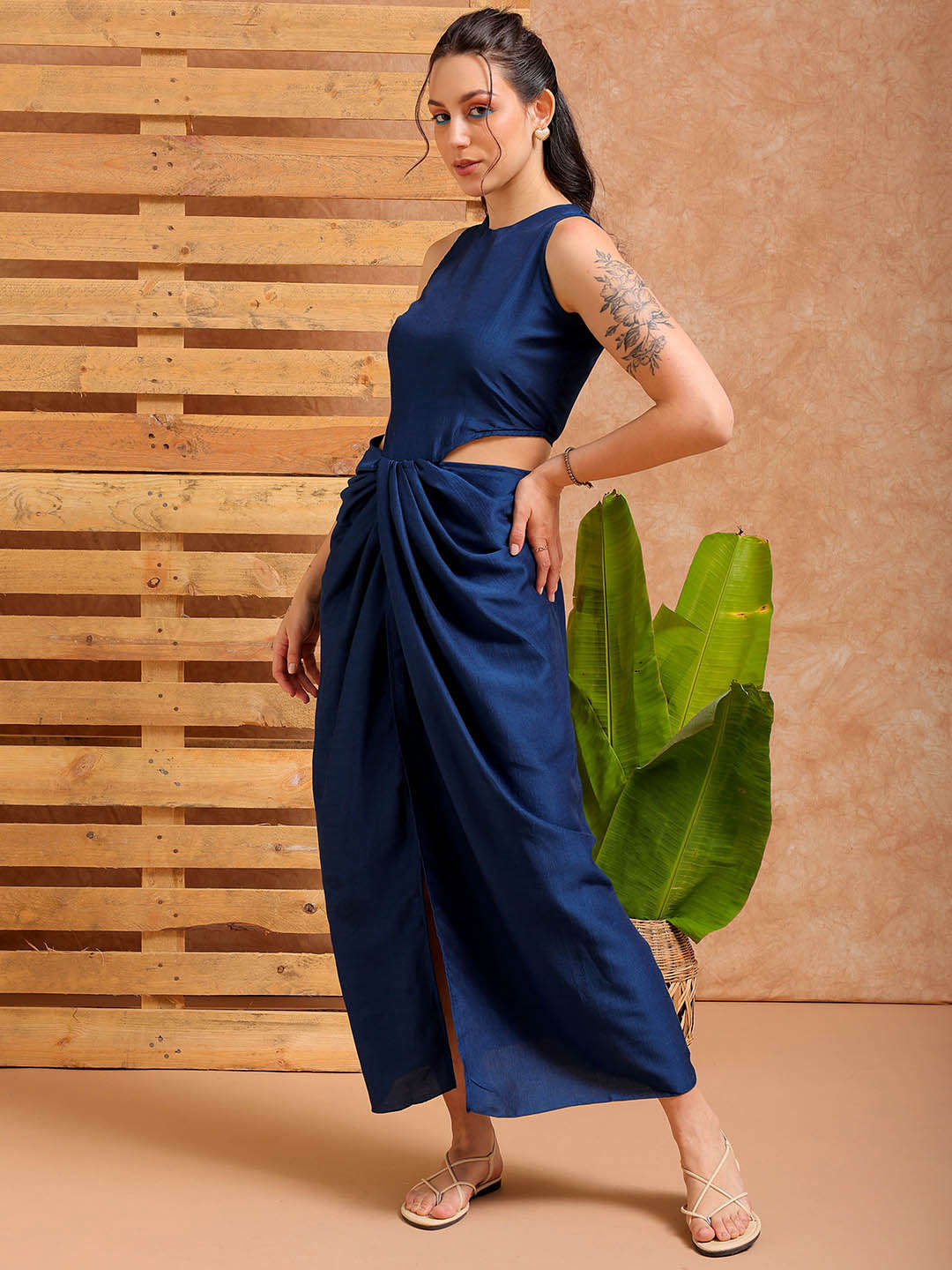 Women's Blue Fit and Flare Solid Partywear Cut Out Dress