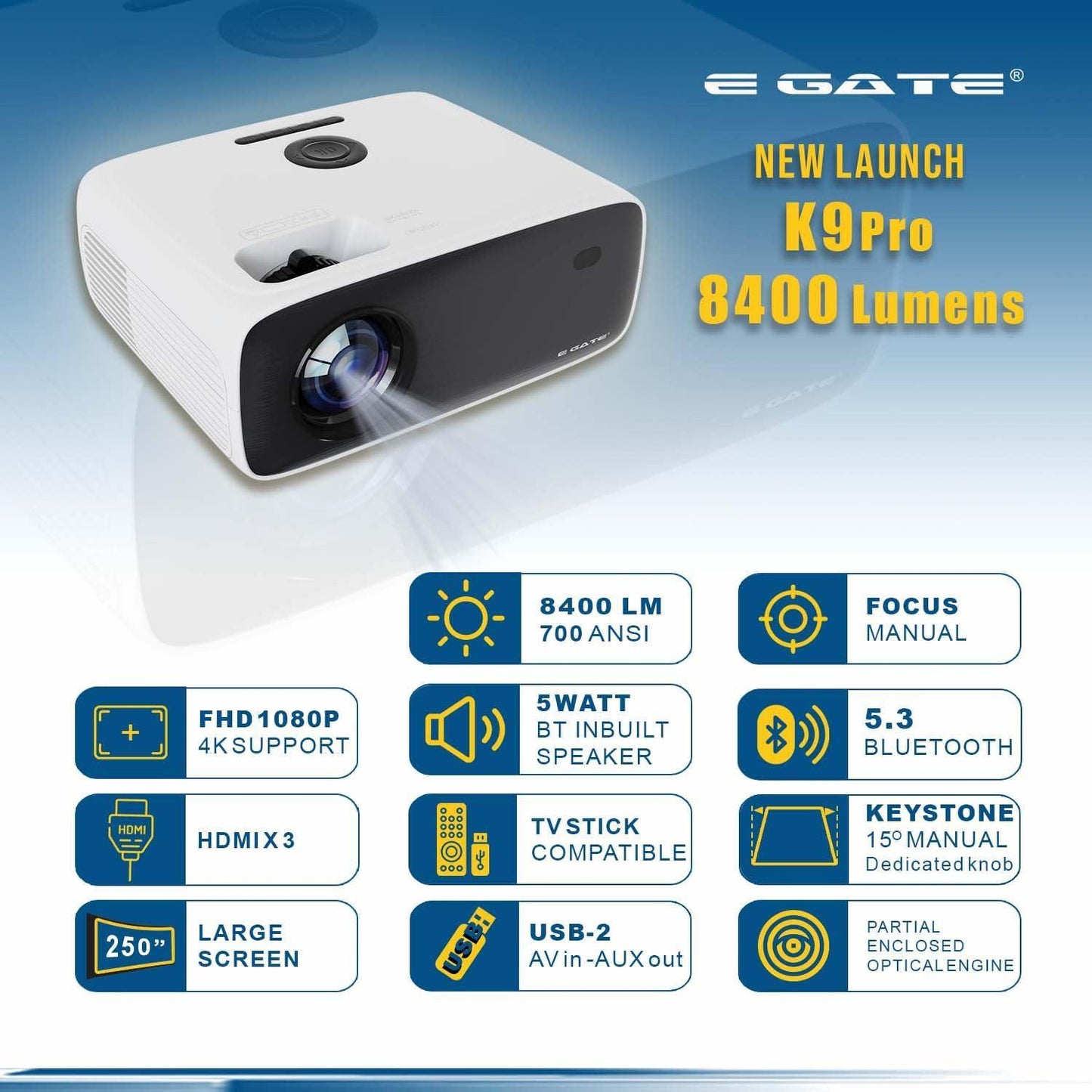 E Gate New K9 Pro Ultra Bright 750 ANSI Bluetooth Projector for Home, 4K Support | Brightest in Segment | 635cm Max Screen | 5W Inbuilt Speaker | 3 HDMI, 2 USB, AV, Aux, mSD Card (White)