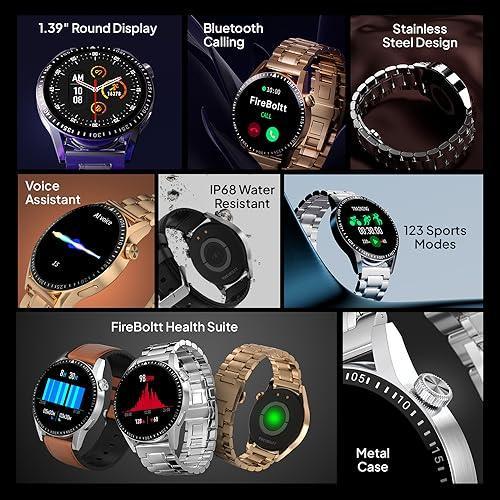 Fire-Boltt Talk 2 Pro Ultra 1.39" Round Display Stainless Steel Luxury Smart Watch, Bluetooth Calling & 360 Health Monitoring, 123 Sports Modes, Inbuilt Voice Assistant (Gold)