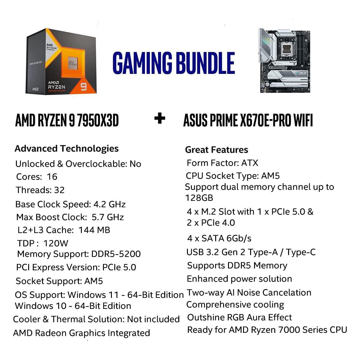 INLAND Micro Center AMD Ryzen 9 7950X3D AM5 Unlocked Desktop Processor with AMD 3D V-Cache Technology Bundle ASUS Prime X670E-PRO WiFi Socket AM5(LGA 1718) Ryzen 7000 ATX Motherboard(PCIe 5.0, DDR5)