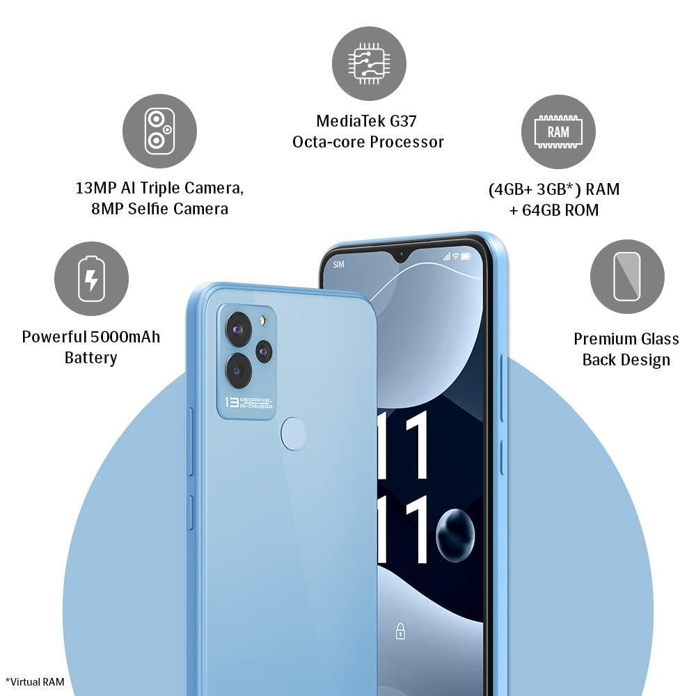 Lava Blaze NXT(Glass Blue, 4GB RAM, 64GB Storage)| 2.3 Ghz Octa Core Helio G37| 13 MP AI Triple Camera |Fingerprint Sensor| 5000 mAh Battery| Upto 7GB Expandable RAM