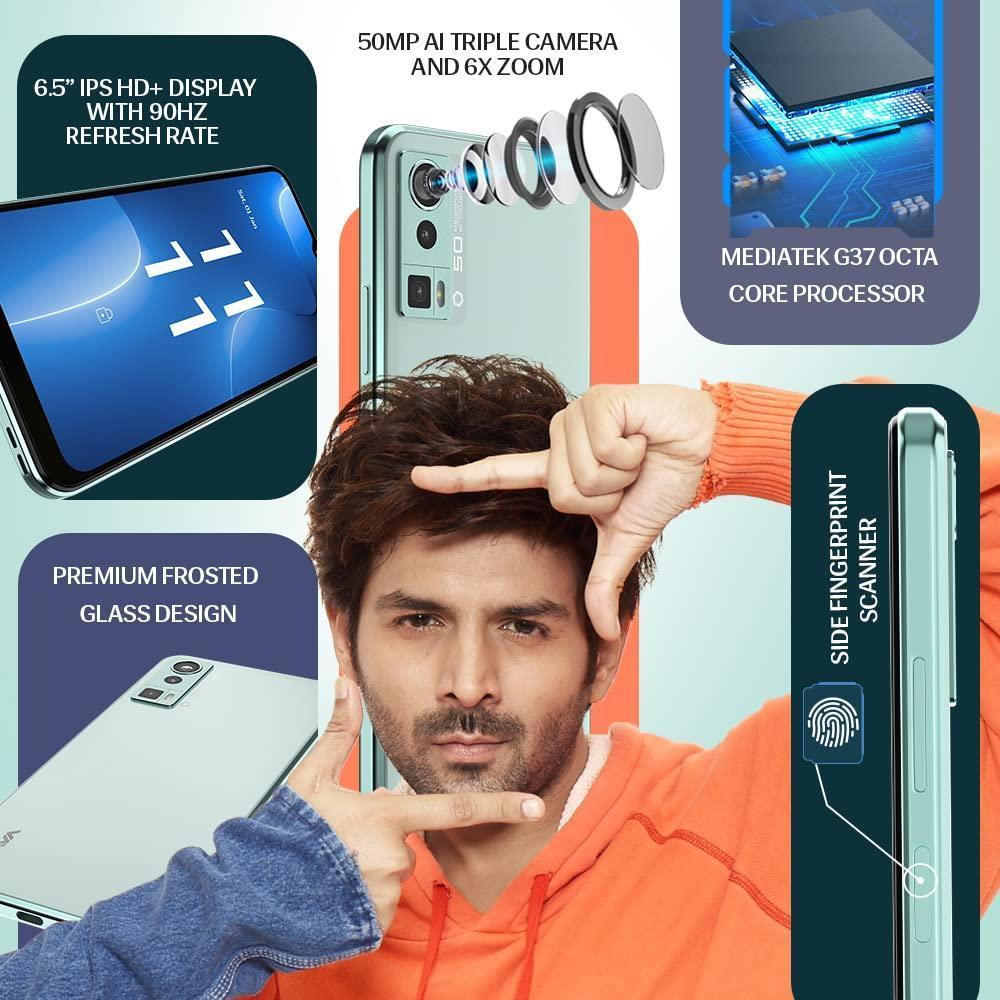 Lava Blaze Pro (Glass Green, 4GB RAM, 64GB Storage)| 50 MP AI Triple Camera| 2.3 Ghz Octa Core MTK Helio G37 |Side Fingerprint Sensor| Upto 7GB Expandable RAM