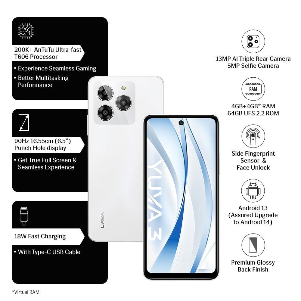 Lava Yuva 3 (Galaxy White,4+4*GB RAM,UFS 2.2 64GB Storage)|Premium Glossy Back|Octacore Processor|18W Fast Charging|90Hz Punch Hole Display|13MP AI Triple Camera|Side Fingerprint Sensor