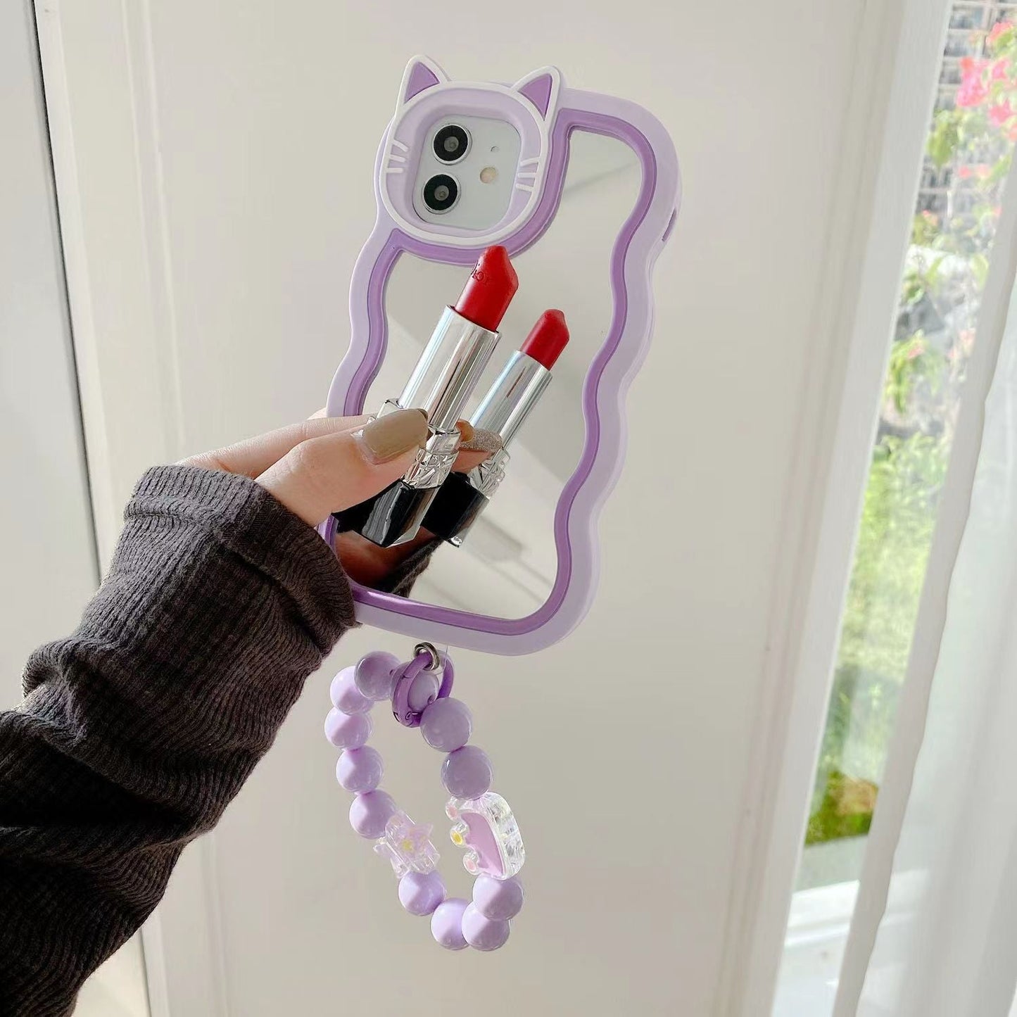 Cute Cartoon Cat Mirror Case with Charm