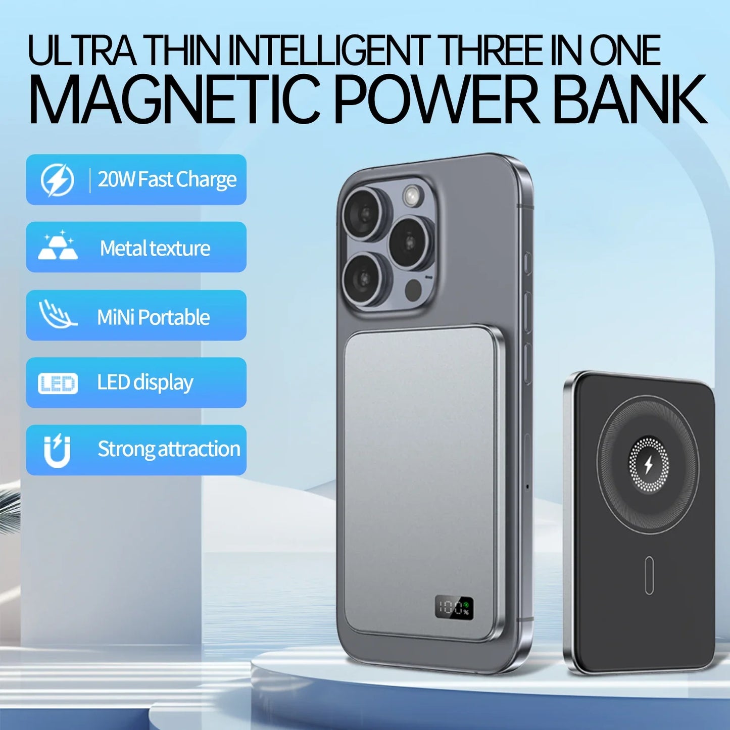 Stylish 5000mAh 20W 3-in-1 Magnetic Power Bank