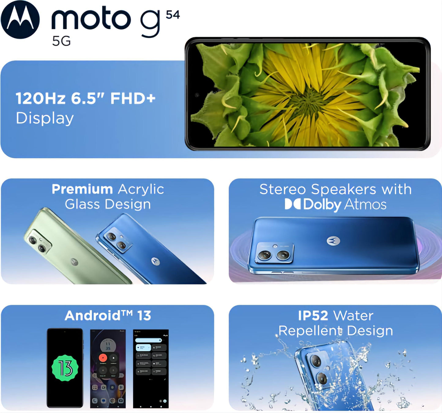 Motorola G54 5G (Pearl Blue Blue, 8GB RAM, 128GB Storage) | MediaTek Dimensity 7020 Processor | 6000mAh Battery with 30W Turbocharging | 50 MP OIS Camera with UltraPixel Technology | 6000 mAh Battery