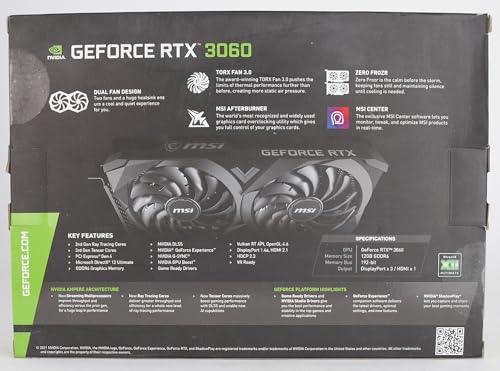 MSI Gaming GeForce RTX 3060 gddr6 pci_e_x16 12GB 15 Gbps GDRR6 192-Bit HDMI/DP PCIe 4 Torx Twin Fan Ampere OC Graphics Card (RTX 3060 Ventus 2X 12G OC), Black Preowned