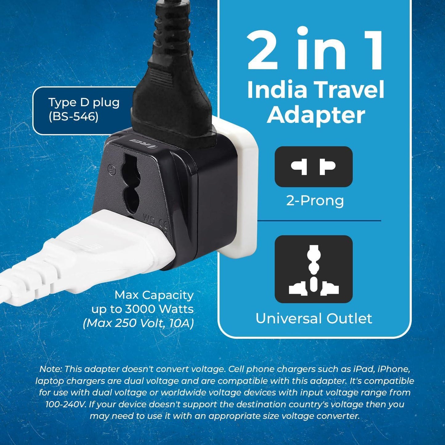 OREI US to India Converter Plug, Universal Adapter Plug India, USA, UK to India Adapter Plug - Type D Adapter - 2 in 1 Canada to India Converter Plug - CE - RoHS - Black - 1 Pack.