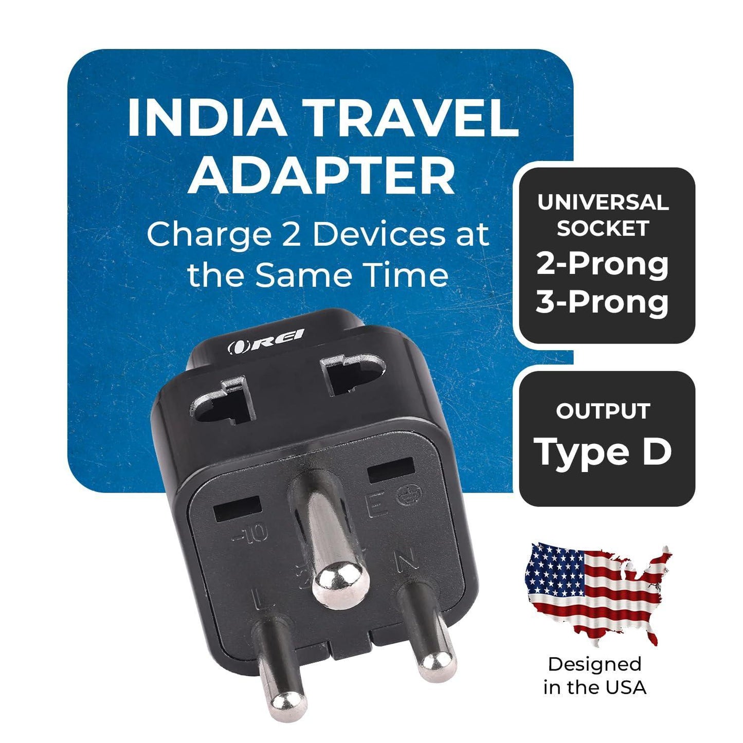 OREI US to India Converter Plug, Universal Adapter Plug India, USA, UK to India Adapter Plug - Type D Adapter - 2 in 1 Canada to India Converter Plug - CE - RoHS - Black - 1 Pack.