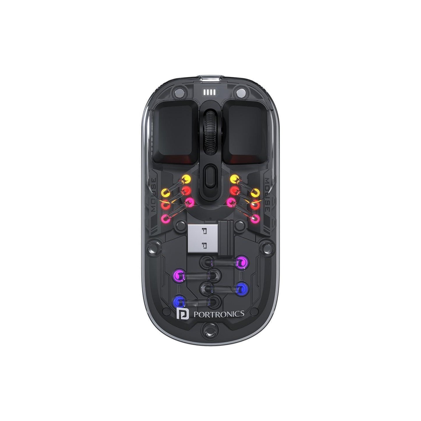 Portronics Toad 5 Transparent Bluetooth Mouse with 2.4 GHz & BT 5.3 Dual Wireless, Rechargeable, RGB Lights, Connect 3 Devices, Sleek Design for Laptop, Smartphone, Tablet (Black)