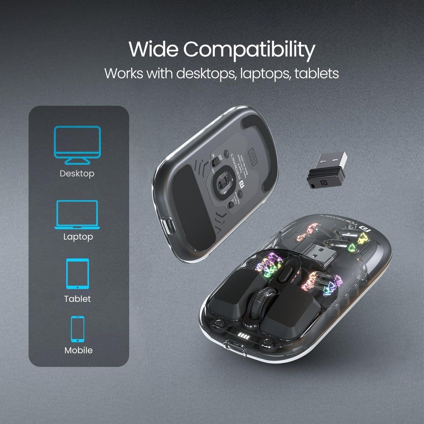 Portronics Toad 5 Transparent Bluetooth Mouse with 2.4 GHz & BT 5.3 Dual Wireless, Rechargeable, RGB Lights, Connect 3 Devices, Sleek Design for Laptop, Smartphone, Tablet (Black)