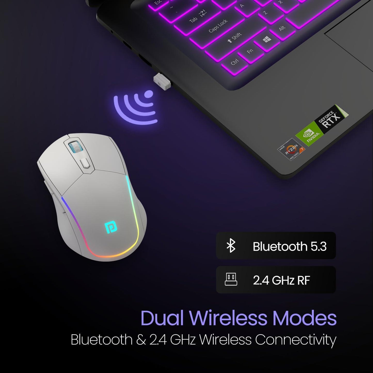 Portronics Toad One Bluetooth Mouse with 2.4 GHz & BT 5.3 Dual Wireless, 6 Buttons, Rechargeable, RGB Lights, Connect 3 Devices, Ergonomic Design for Laptop, Smartphone, Tablet (White)