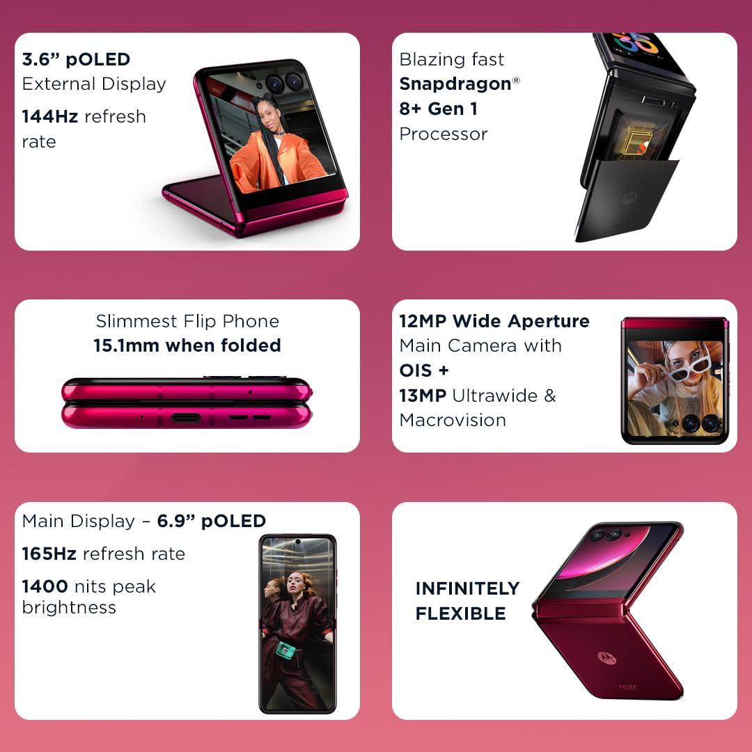 (Refurbished) Motorola razr 40 Ultra (Viva Magenta, 8GB RAM, 256GB Storage) | 3.6" External AMOLED Display | 6.9" AMOLED 165Hz Display | 32MP Selfie Camera |30W TurboPower Charging | Android 13