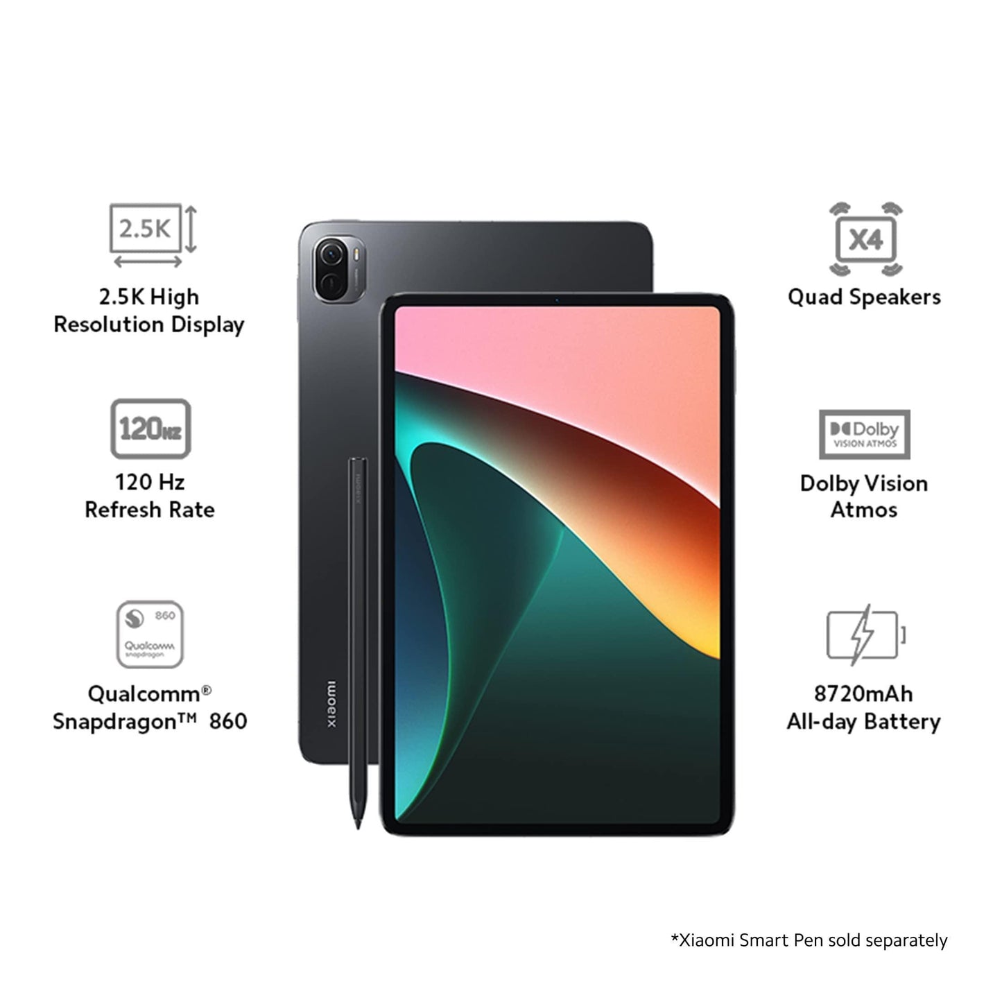 (Refurbished) Xiaomi Pad 5 | Snapdragon 860 | 2.5K Resolution, 120Hz Refresh Rate, DCI-P3, 27.81cm(10.95 inch) Dolby Vision Display | 6GB RAM | 256GB Storage | Quad Speaker Dolby Atmos | Wi-Fi Tablet, Cosmic Gray
