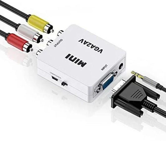 Mini VGA to AV RCA Converter with 3.5mm Audio Ports VGA2AV Connector Media Streaming Device (White)