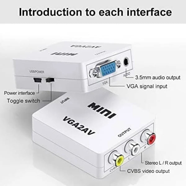 Mini VGA to AV RCA Converter with 3.5mm Audio Ports VGA2AV Connector Media Streaming Device (White)