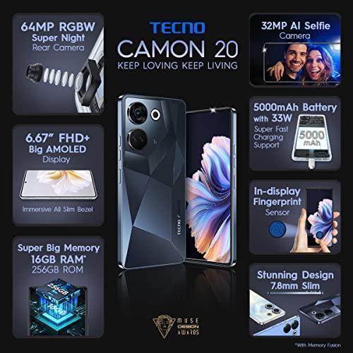 TECNO Camon 20 (Predawn Black, 8GB RAM,256GB Storage)|16GB Expandable RAM | 64MP RGBW Rear Camera|6.67 FHD+ Big AMOLED with in-Display Fingerprint Sensor