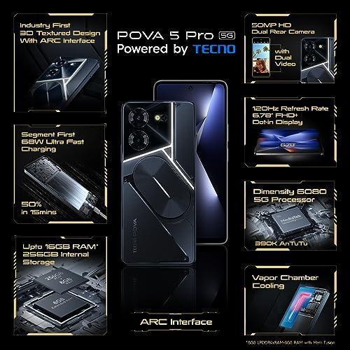 TECNO Pova 5 Pro 5G (Dark Illusion, 8GB RAM,256GB Storage)| Segment 1st 68W Ultra Fast Charging | India's 1st Multi-Colored Backlit ARC Interface | 50MP AI Dual Camera | 6.78”FHD+ Dot-in Display
