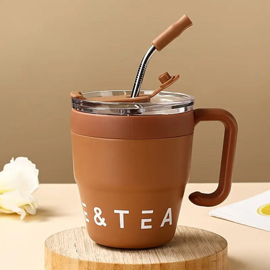 Stainless Steel Coffee Mug with Handle & Straw