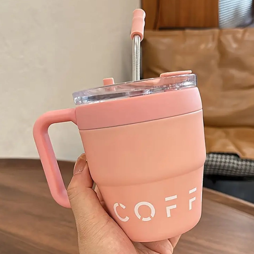 Stainless Steel Coffee Mug with Handle & Straw