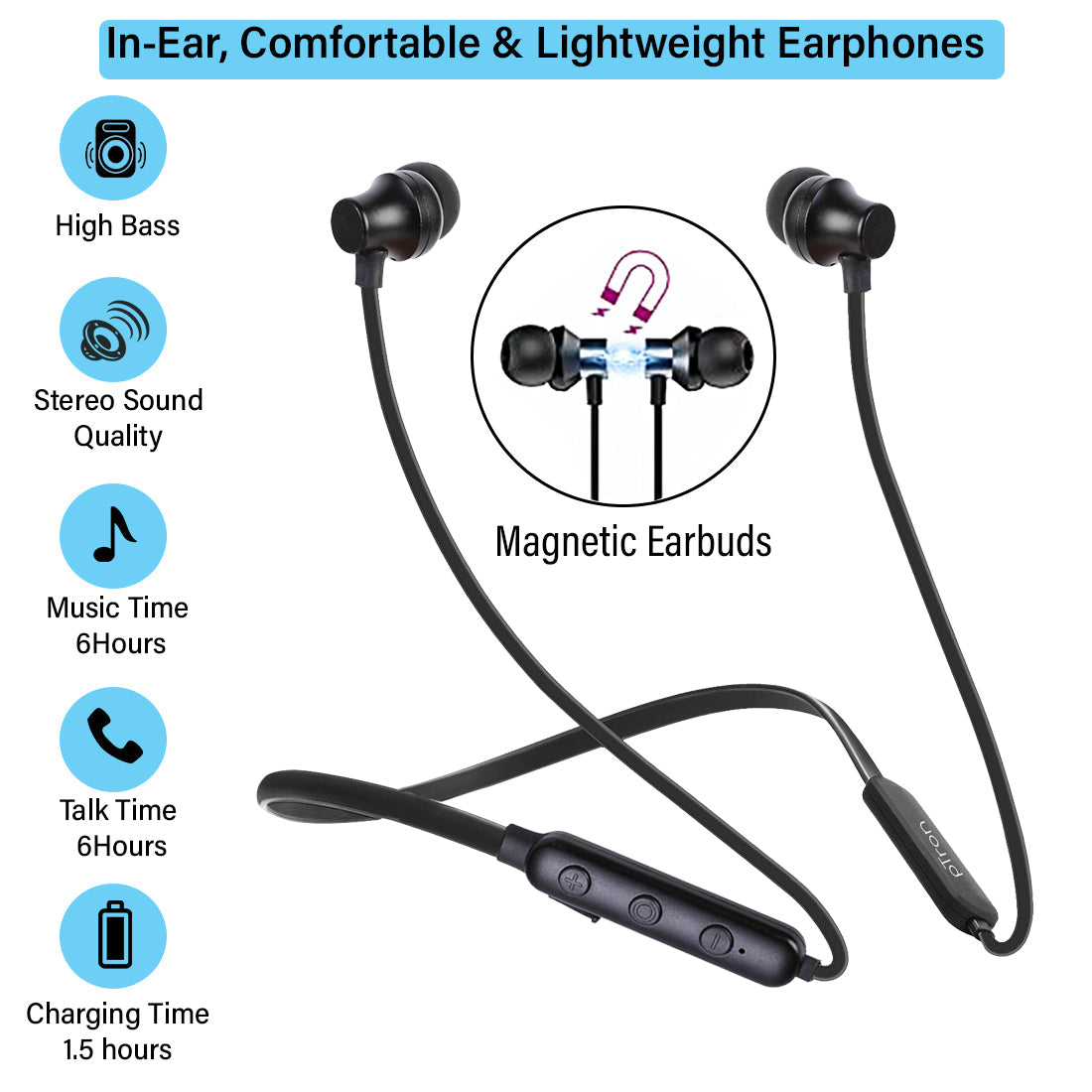 pTron InTunes Lite High Bass In-Ear Wireless Headphones with Mic - (Black)