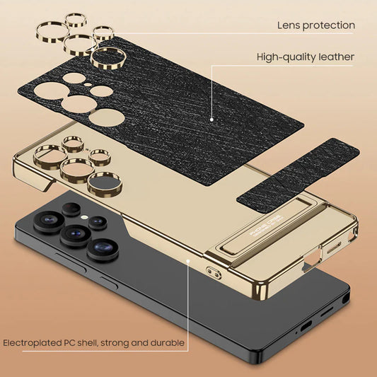 Luxurious Gold Filigree Silver Brocade Holder Leather Case - Samsung