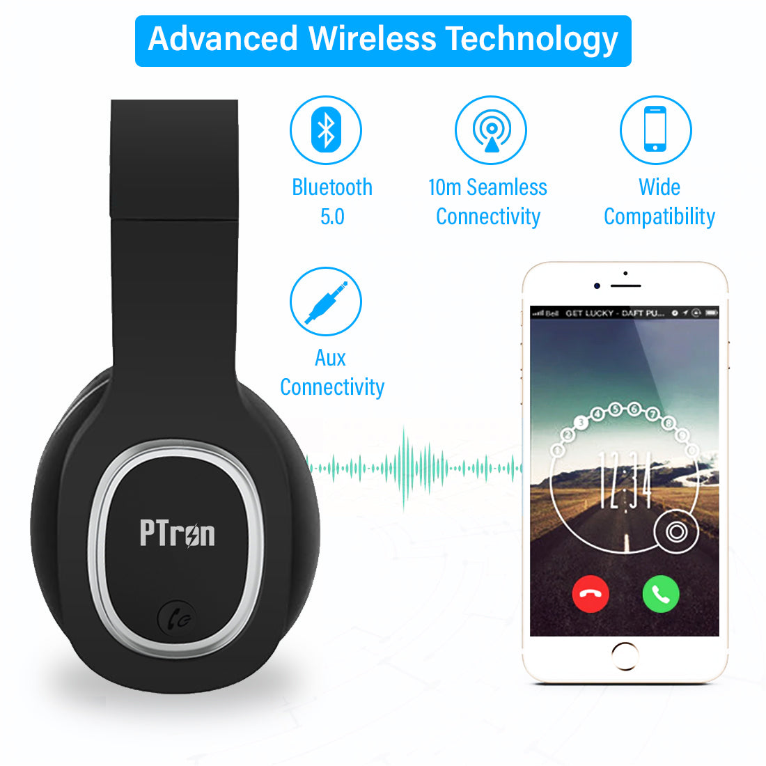 pTron Soundster Lite Over-Ear Bluetooth Headset with High Bass & 12Hrs Playback Time - Black