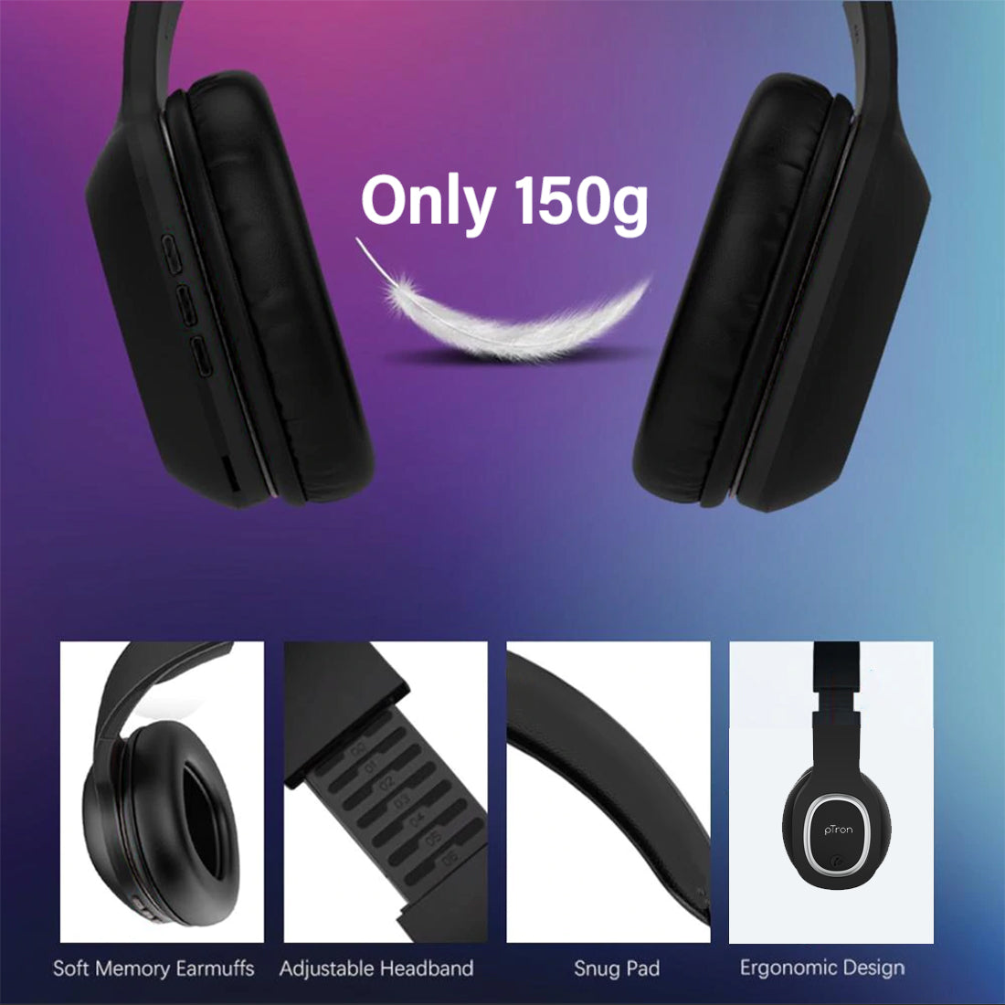 pTron Soundster Lite Over-Ear Bluetooth Headset with High Bass & 12Hrs Playback Time - Black