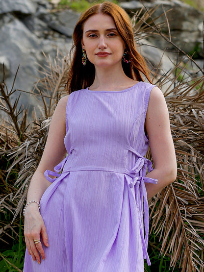 Women's Purple Flare Textured Round Neck Midi Dress