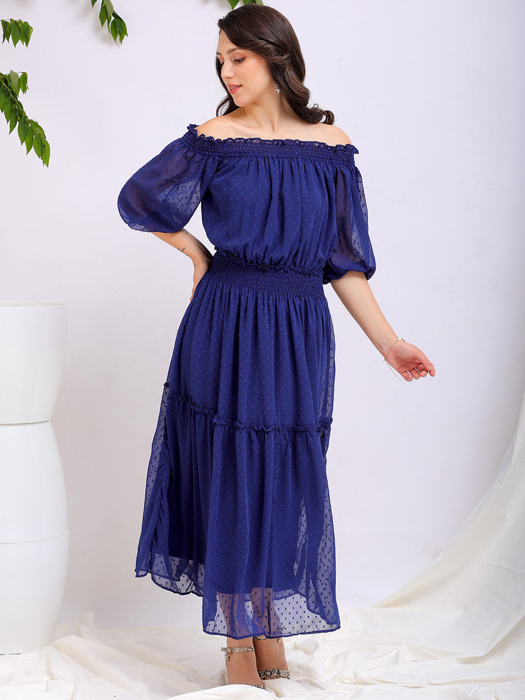 Women's Textured Fit and Flare Offshoulder Tiered Dress