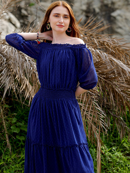 Women's Textured Fit and Flare Offshoulder Tiered Dress