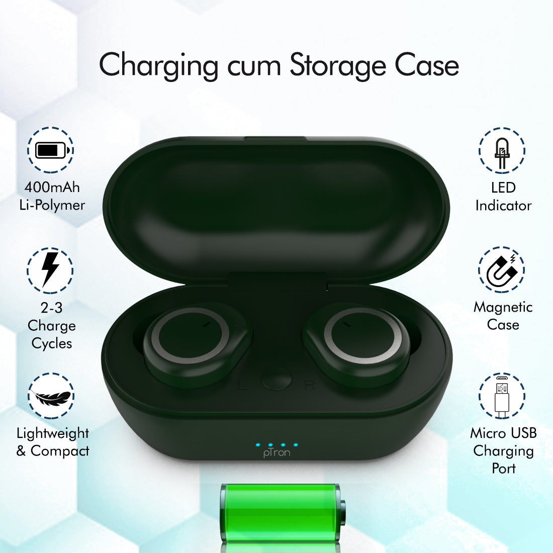 pTron Bassbuds True Wireless Bluetooth Headphones (TWS) with Mic - (Green)